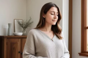 Femme détendue, les yeux fermés, profitant d’un moment de relaxation et de bien-être grâce à la sophrologie
