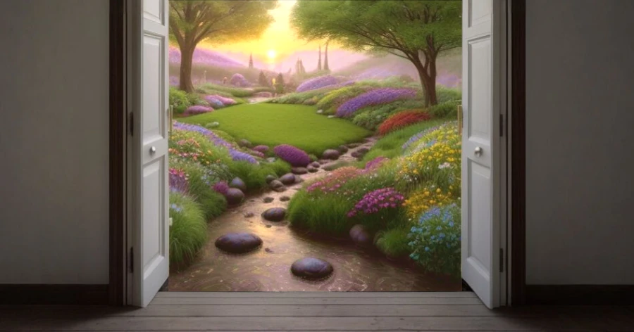 Porte ouverte dans une pièce triste, s'ouvrant sur un magnifique jardin, symbolisant la transition de la déprime vers l'espoir