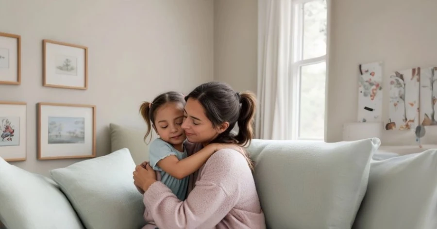 Femme tenant affectueusement une petite fille qui lui ressemble, symbolisant la guérison des blessures d'enfance