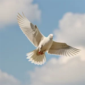 Colombe blanche en plein vol, ses ailes déployées avec grâce, représentant la paix, l'élévation de l'âme et le deuil. Elle incarne la transition et l'espoir après une perte