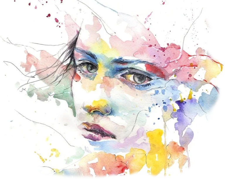 Illustration d'un visage en aquarelle aux couleurs douces, représentant la sensibilité et la richesse des émotions, pour le programme HPI