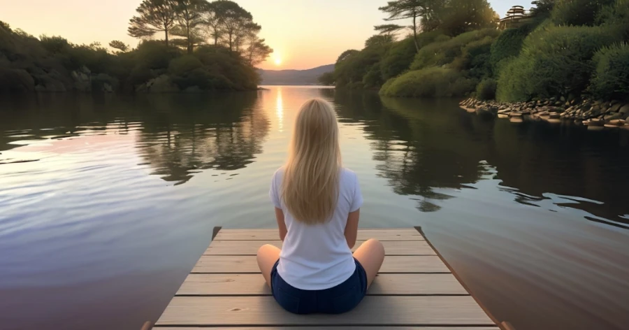 Une femme assise sur un ponton, seule, contemplant un coucher de soleil paisible.