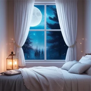 Un lit situé près d'une fenêtre, avec la lune visible dans le ciel nocturne, offrant une ambiance calme et relaxante idéale pour la détente et le sommeil