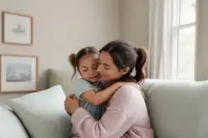 Femme tenant affectueusement une petite fille qui lui ressemble, symbolisant la guérison des blessures d'enfance