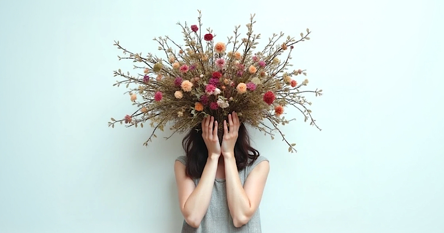 Une femme dont le visage est caché par un bouquet de fleurs pour symboliser le foisonnement de pensées
