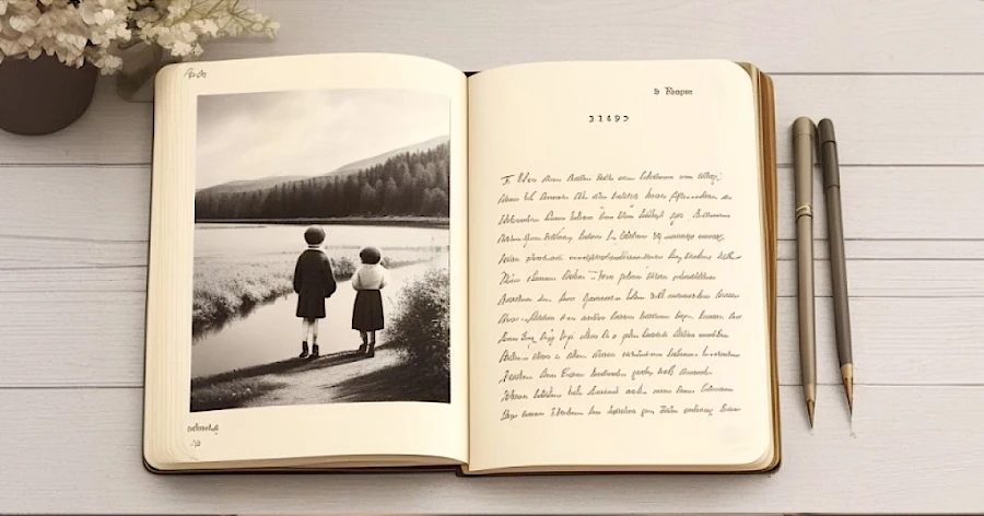 Image d'un journal intime avec une photo souvenir et un texte rédigé à la main