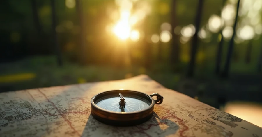 une boussole posée sur une carte dans un décor de nature au coucher du soleil