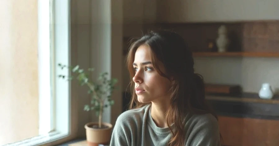 Une femme qui regarde dans le vide d'un air mélancolique à l'idée de reprendre la semaine de travail. Elle ressent la déprime du dimanche soir