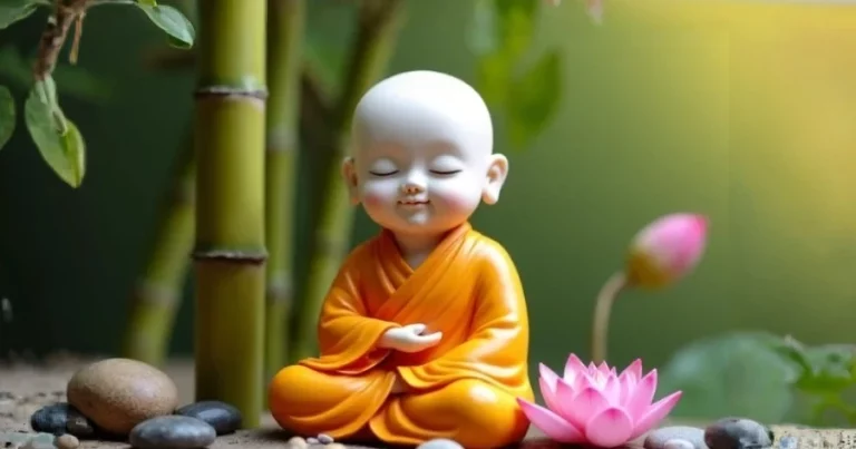 Petit bouddha en porcelaine souriant qui médite