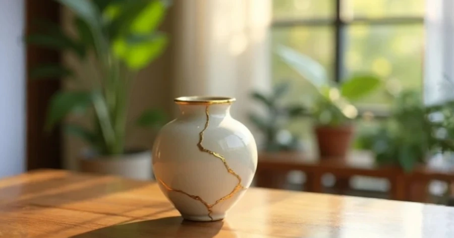 Vase cassé réparé avec une colle dorée, qui symbolise la capacité à rebondir après un échec et le transformer en quelque chose de positif