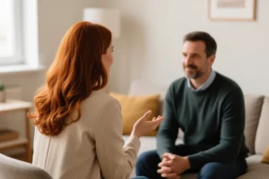 Thérapeute et son patient pendant une séance d'accompagnement de soutien psychologique