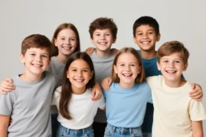 Groupe d'enfants souriant et détendus, qui se sentent bien dans leur peau